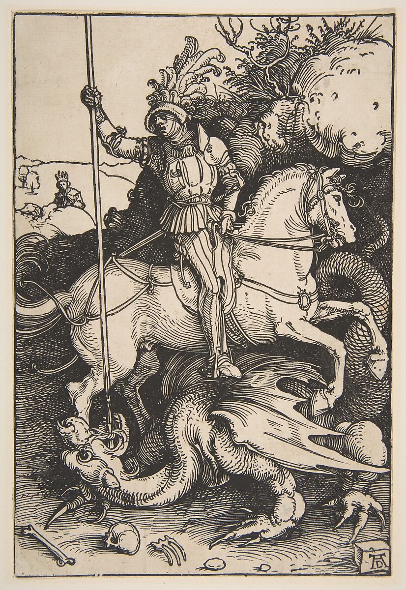 A mounted knight drives a spear down into a coiled dragon at his horse&rsquo;s feet.