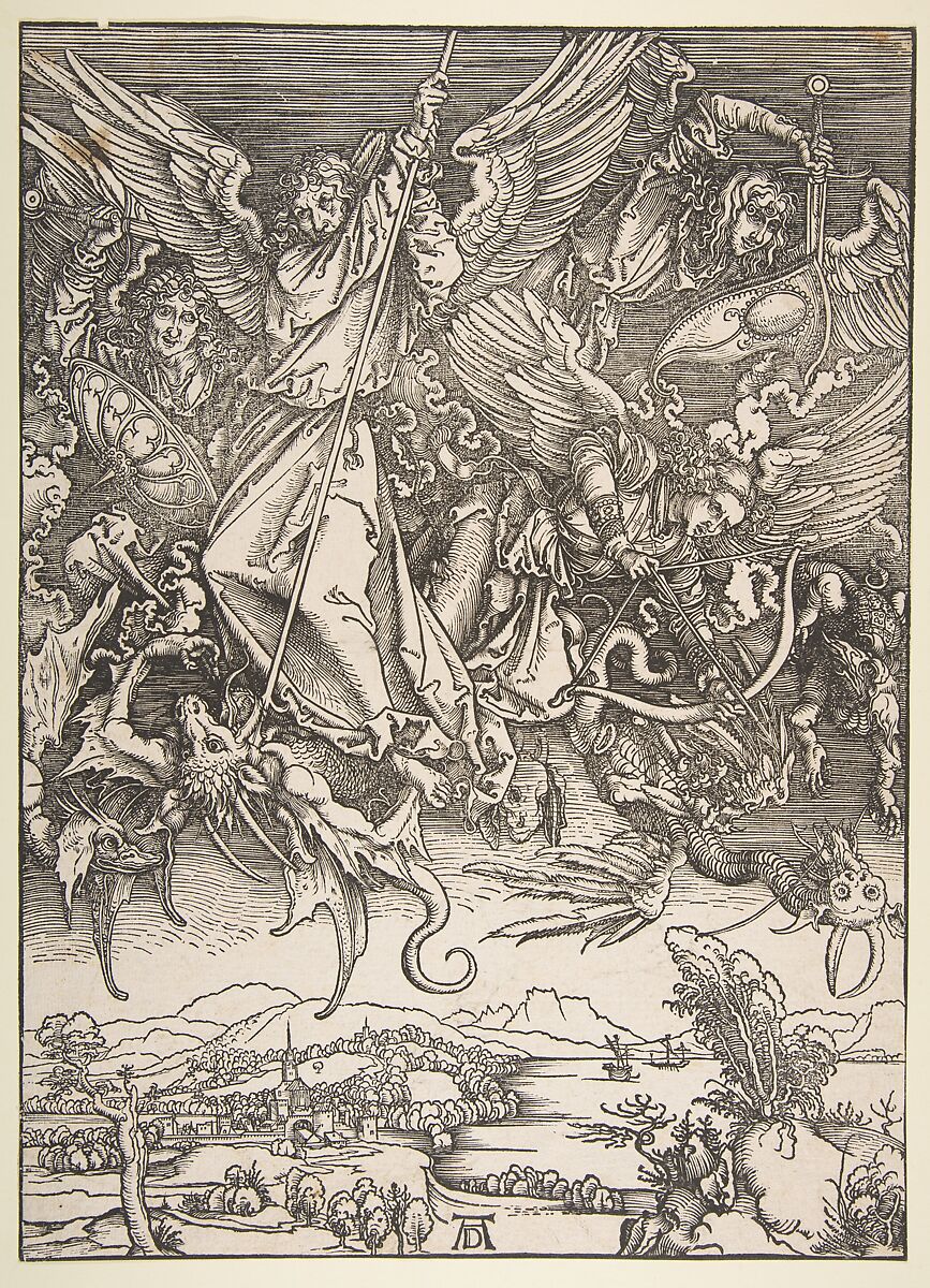 Winged figures drive spears and swords into a many-headed dragon above a distant landscape.