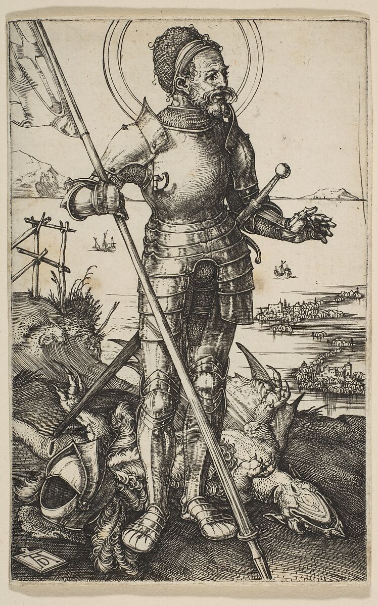 A knight in full plate armour standing with a furled banner, a dead dragon sprawled at his feet and a harbour landscape behind.