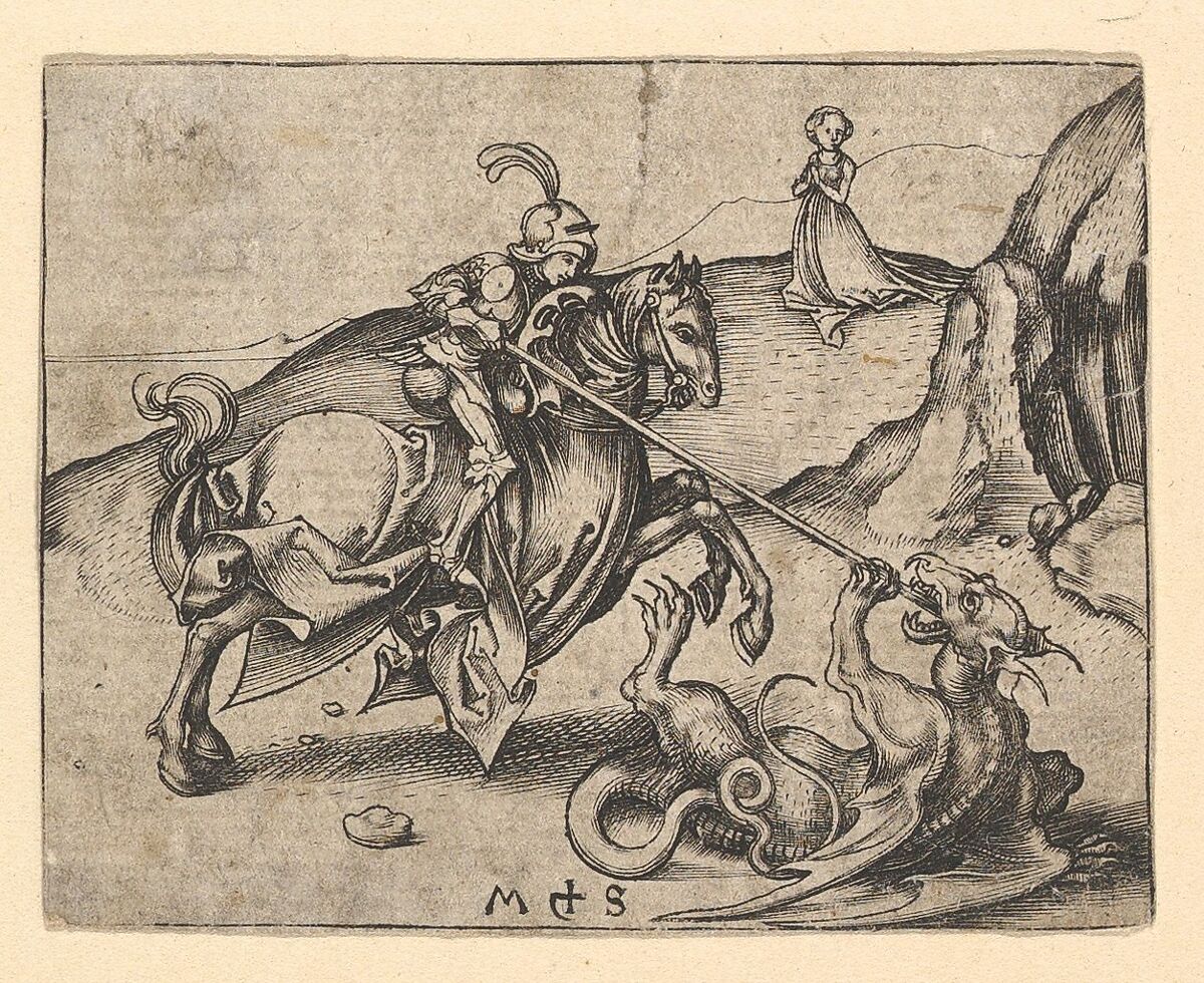 A mounted knight charging, driving his lance into the jaws of a dragon; a woman waits on the hillside behind.