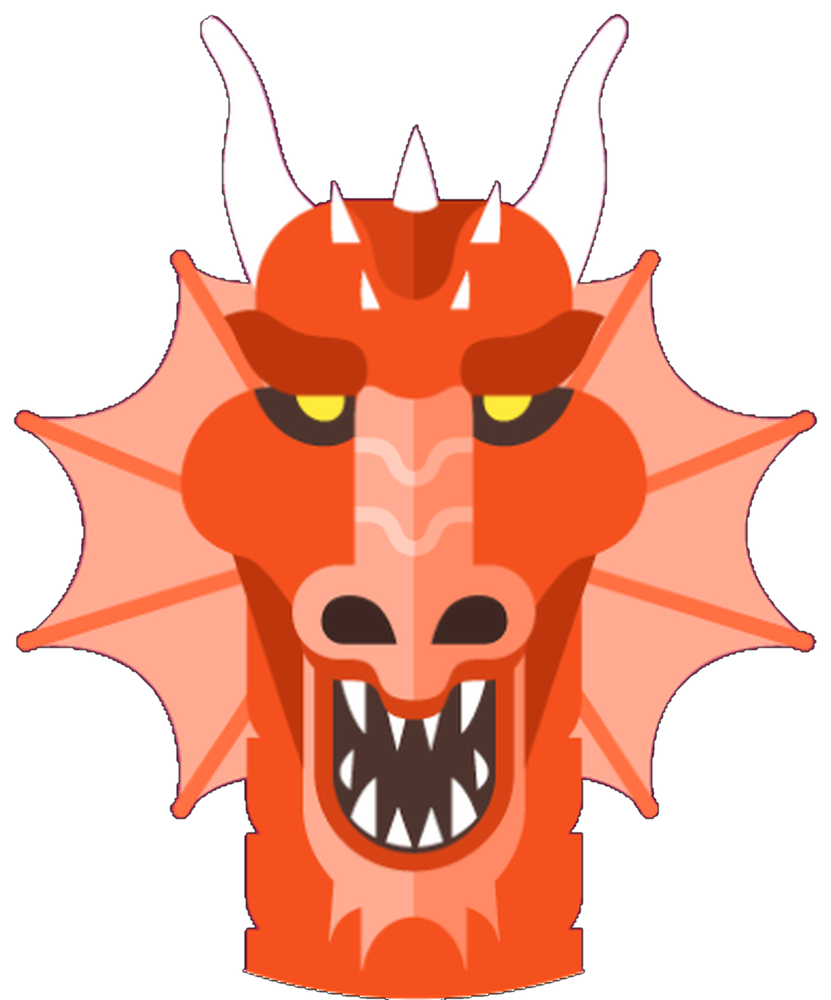 A snarling red dragon's head, rendered as a heraldic emblem.