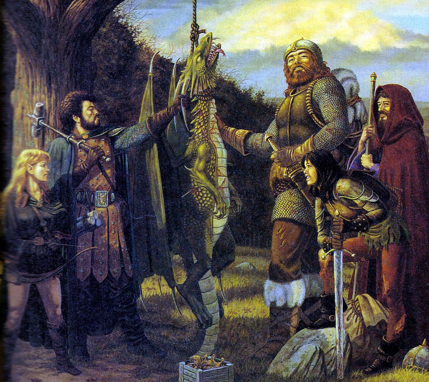 An adventuring party stands before a slain dragon, hoisted and bound, its hoard at their feet.